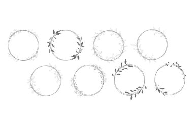 Botanik çizgisi sanat silueti beyaz arka planda izole edilmiş çelenk el çizimleri bırakır. Düğün davetiyesi için güzel sanat çiçekleri çerçevesi. Vektör illüstrasyonu