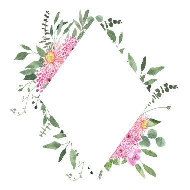 Suluboya yaz çiçekli tarlalar, yıldız çiçekleri, yeşillik yaprakları, yalıtılmış. Çiçekli bahar çiçekli boho illüstrasyon düğün davetiyesi. Tarih kartını kaydet.