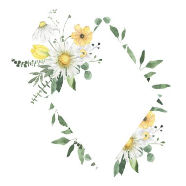 Suluboya yaz çiçekleri, papatya çiçekleri yeşillik yaprakları yalıtılmış. Çiçekli bahar çiçekli boho illüstrasyon düğün davetiyesi. Tarih kartını kaydet.