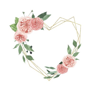 Suluboya yaz çiçekleri altın geometrik kalp çelengi gül çiçekleri yeşil yapraklar izole. Düğün davetiyesi için çiçekli bahar çerçevesi. Tarih kartını sakla.