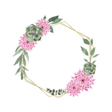 Suluboya yaz çiçekleri altın geometrik çelenk sulu dalya çiçekleri yeşil yapraklar izole. Düğün davetiyesi için çiçekli bahar çerçevesi. Tarih kartını sakla.