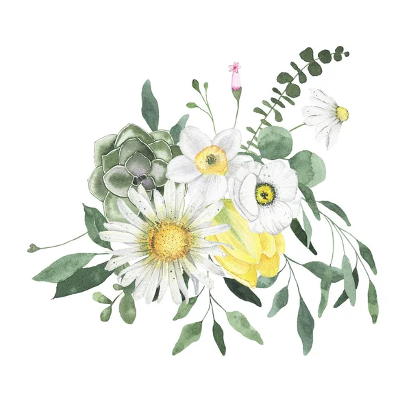 Watercolor Summer Floral Fields Bouquet Daisy Narcissus Flowers Greenery Leaves — Stock Photo, Image