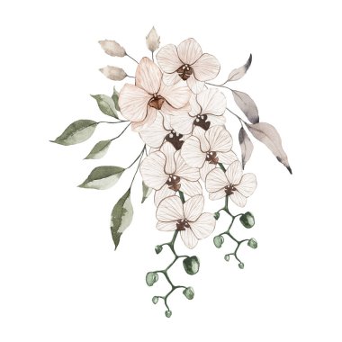 Orkide çiçekli suluboya yaz çiçekleri izole edilmiş. Çiçekli bahar aranjmanı Boho düğün davetiyesi Tarih kartı illüstrasyonunu kaydet