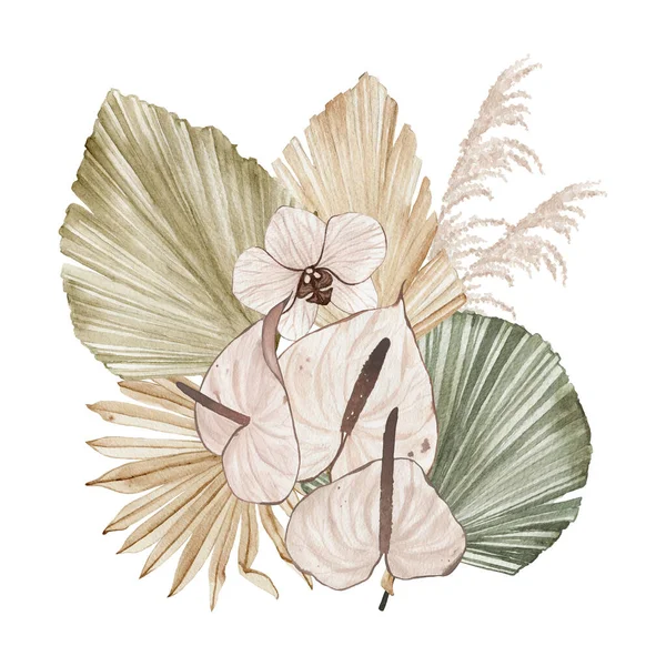 Акварель Летом Цветочный Тропический Букет Орхидеей Calla Лилии Цветы Сушеные — стоковое фото