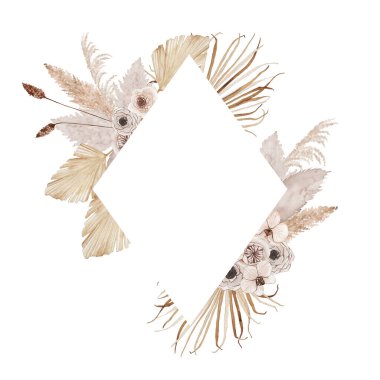 Kurumuş palmiye yapraklarıyla suluboya yaz çerçevesi, orkide, soyutlanmış güller. Çiçekli bahar çiçekli boho illüstrasyon düğün davetiyesi. Tarih kartını kaydet.