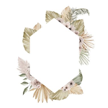 Kurumuş palmiye yapraklarıyla suluboya yaz çerçevesi, orkide, soyutlanmış güller. Çiçekli bahar çiçekli boho illüstrasyon düğün davetiyesi. Tarih kartını kaydet.