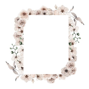 Kurumuş palmiye yapraklarıyla suluboya yaz çerçevesi, orkide, soyutlanmış güller. Çiçekli bahar çiçekli boho illüstrasyon düğün davetiyesi. Tarih kartını kaydet.