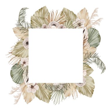 Kurumuş palmiye yapraklarıyla suluboya yaz çerçevesi, orkide, soyutlanmış güller. Çiçekli bahar çiçekli boho illüstrasyon düğün davetiyesi. Tarih kartını kaydet.