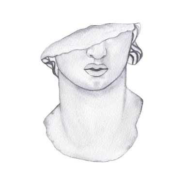 Watercolor antique marble statue of half woman head face isolated illustration clipart
