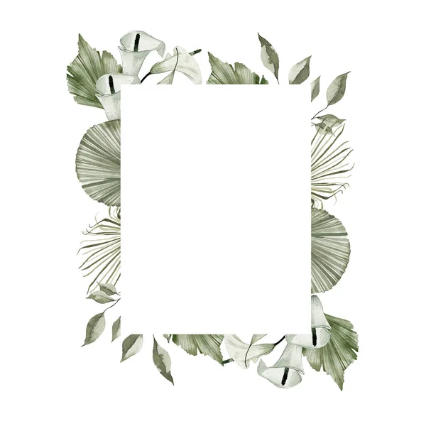 Aquarell Sommer Tropischen Rahmen Mit Getrockneten Palmblättern Calla Lilienblüten Isoliert — Stockfoto