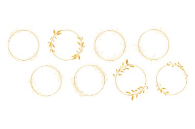 Botanik çizgisi sanat silueti altın yapraklı çelenk el çizimleri beyaz arka planda izole edilmiş kalem çizimleri. Düğün davetiyesi için güzel sanat çiçekleri çerçevesi. Vektör illüstrasyonu