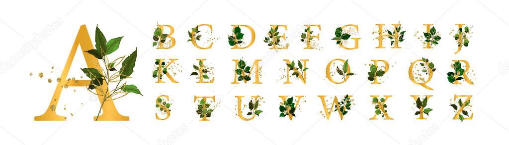 Gold floral alphabet font uppercase letters with flowers leaves and gold splatters for wedding invite card and logo. Vector illustration for greeting card template design