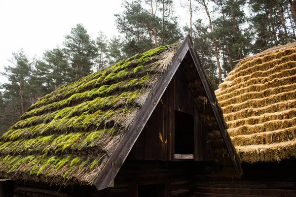 Oude Rieten Dak Tegen Een Sombere Lucht Achtergrond Textuur — Stockfoto