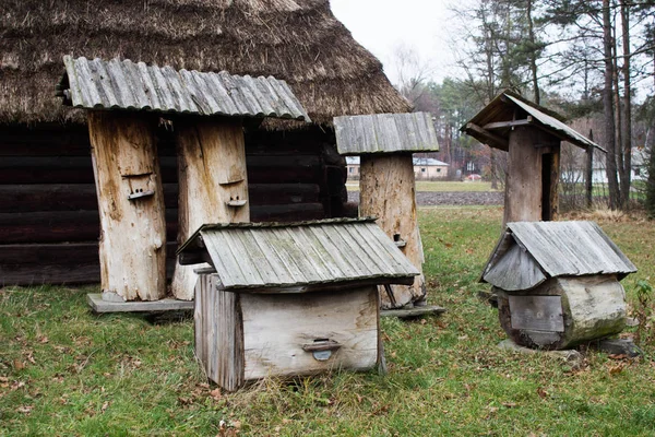 Sonbaharda eski bir evin arka planındaki eski arı kovanı. Arkaplan.