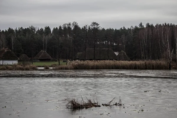 Oud Dorp Huizen Met Rieten Dak Prachtig Landschap — Stockfoto