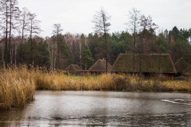 Old village, thatched-roof houses. Beautiful landscape.