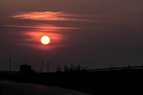 Закат Дороги Большое Красное Солнце Закате Фон — стоковое фото