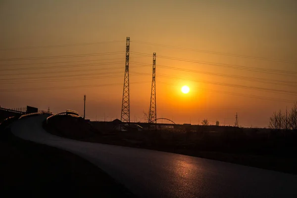 Zonsondergang Achtergrond Van Weg Antennes Prachtig Landschap Achtergrond — Stockfoto