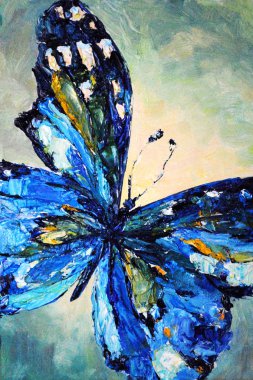 Güzel kanatlı mavi kelebek resmi boyalı petrol