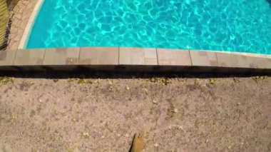 Bir havuz içine bir adam baş üstüne kamera ile dalış.