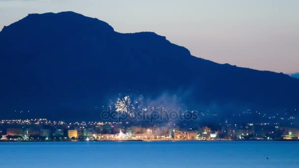 Fireworks Corinth Greece View Loutraki City Blue Hour — Stock Video