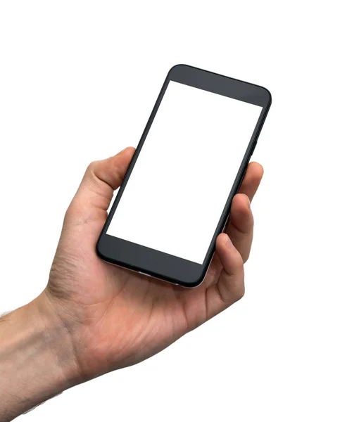 Male hand holding a black smart phone — Stock Photo, Image