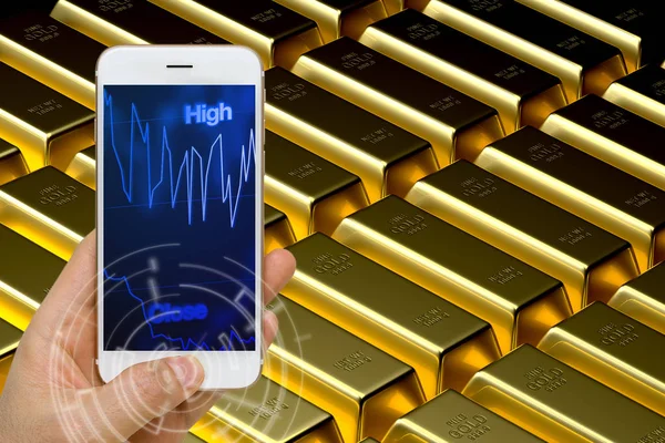 Goldpreis-Trading-Konzept mit Smartphone oder Smart Device zur Überwachung von Echtzeit-Schwankungen — Stockfoto