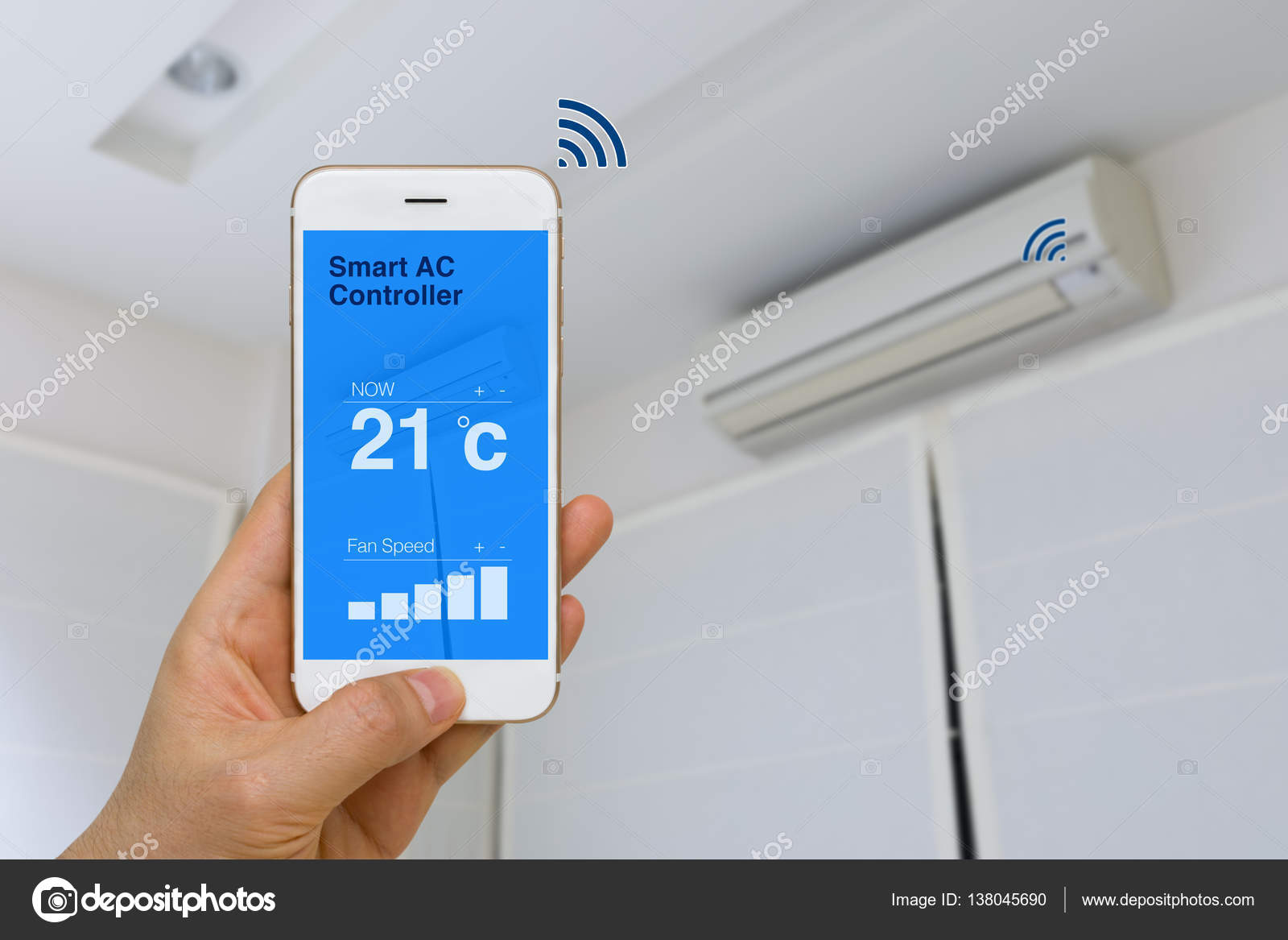 IOT Concept, Remotely Controlling Smart Air Conditioner with App on