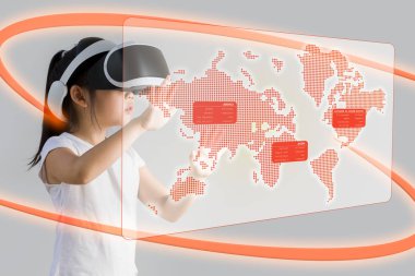 VR veya Vr kulaklık giyen Asyalı çocuk tarafından resimli eğitim kavramı için sanal gerçeklik