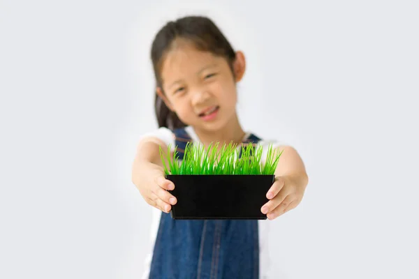 Ökológiai gazdálkodás fogalma, ázsiai gyerek Farmer, elszigetelt fehér Background — Stock Fotó