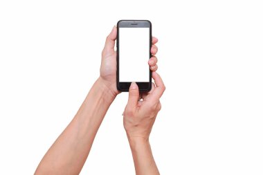 Beyaz arka plan üzerinde izole cep telefonuna yazarak bir kadın portre çekim.