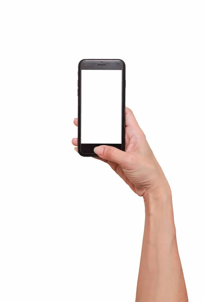Gros plan d'une femme tapant sur un téléphone portable isolé sur fond blanc . — Photo