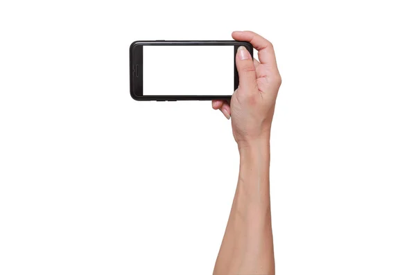 Close-up tiro de uma mulher digitando no telefone celular isolado no fundo branco . — Fotografia de Stock