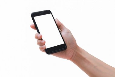 Cep telefonu üzerinde tutan bir kadın portre vurdu. kırpma p ile