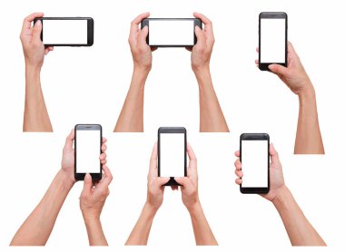 Akıllı tutan erkek 6 çeşitli fotoğraf koleksiyonu klipsi telefon