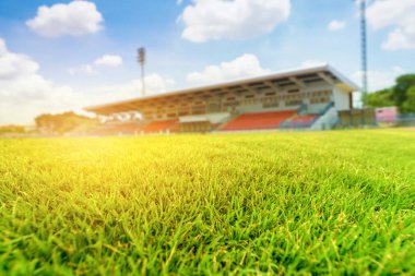 Yeşil çimen ışık parlama ile Futbol Stadyumu.
