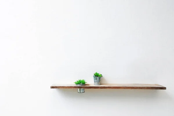 Mensola in legno e pianta verde su muro di cemento bianco . — Foto Stock