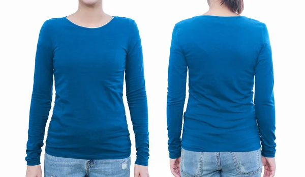 空白青いシャツ、前面と背面を持つ若い女性。clippin と — ストック写真