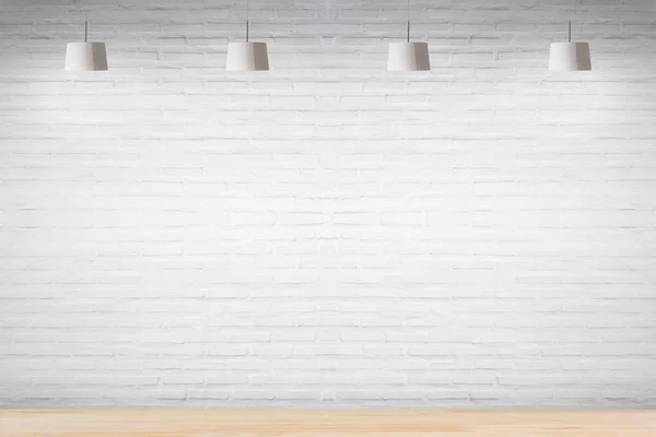 Weiße Ziegelwand im Zimmer mit Holzboden mit Lampen. — Stockfoto