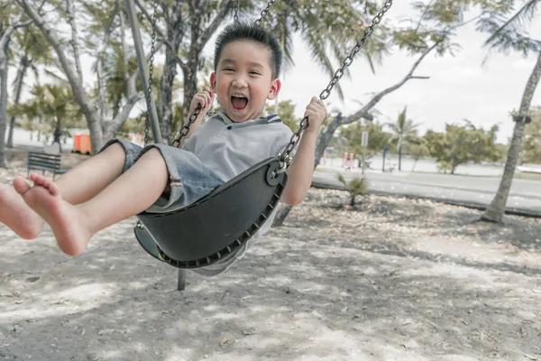 Criança brincando engraçado no playground ao ar livre no parque . — Fotografia de Stock