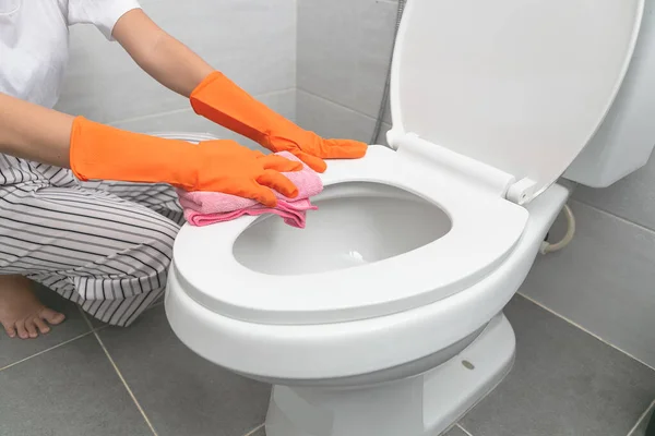 La donna sta pulendo in bagno. Lavare la toilette e toilette br — Foto Stock