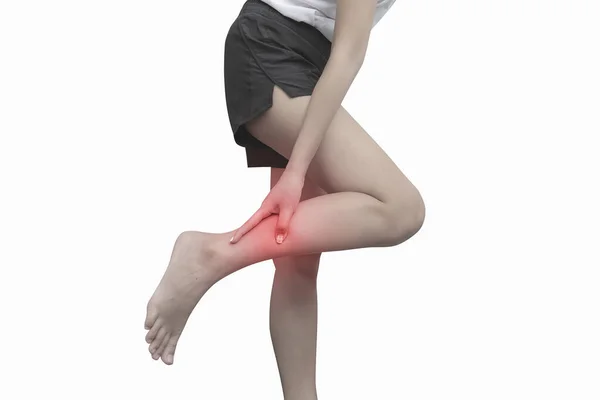 Woman with calf feeling pain on white background. with clipping — Stock Image Woman with calf feeling pain on white background. with clipping Stock Photo