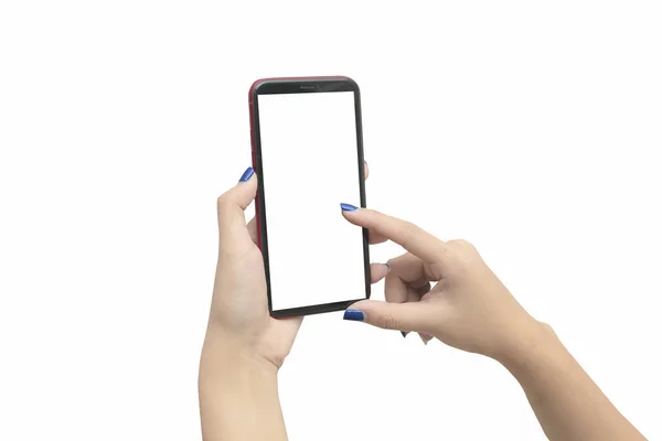 Mão segurando telefone inteligente móvel com tela em branco. com recorte — Fotografia de Stock