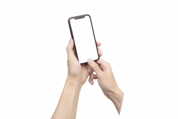 Mão segurando telefone inteligente móvel com tela em branco. com recorte — Fotografia de Stock