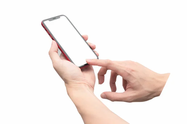 Hand holding mobile smart phone with blank screen. with clipping — 스톡 사진