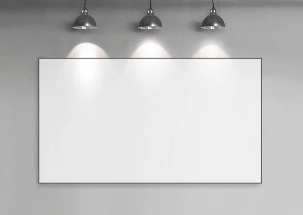 Marco en blanco en la pared de ladrillo gris con lámpara de techo . —  Fotos de Stock