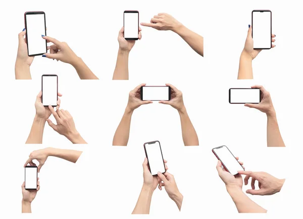 Руки, держащие смартфон, изолированы на белом фоне. С — стоковое фото