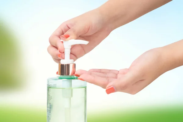 Hands Female Using Wash Hand Sanitizer Gel Pump Dispenser Blurry — Stock Photo, Image