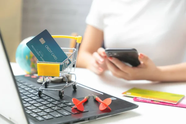 Pushcart Shopping Trolley Basket Women Using Smartphone Credit Card Shopping — Stock Photo, Image