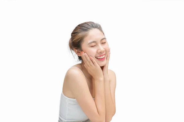 Glücklich Schön Asiatisch Mädchen Holding Sie Wangen Mit Ein Lachen — Stockfoto